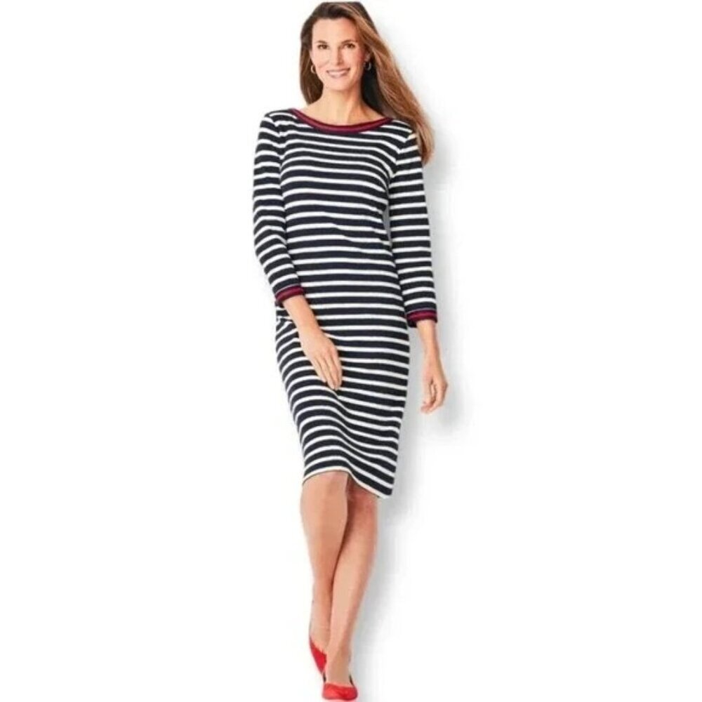 Talbots Womens Size XS 3/4 Sleeve Striped Sheath Knit Dress in Blue/White/Red